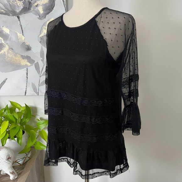 Romantic Goth Black Lace Ruffle Top Mesh Sheer Swiss Dot Bell Sleeve Medium - Picture 3 of 9